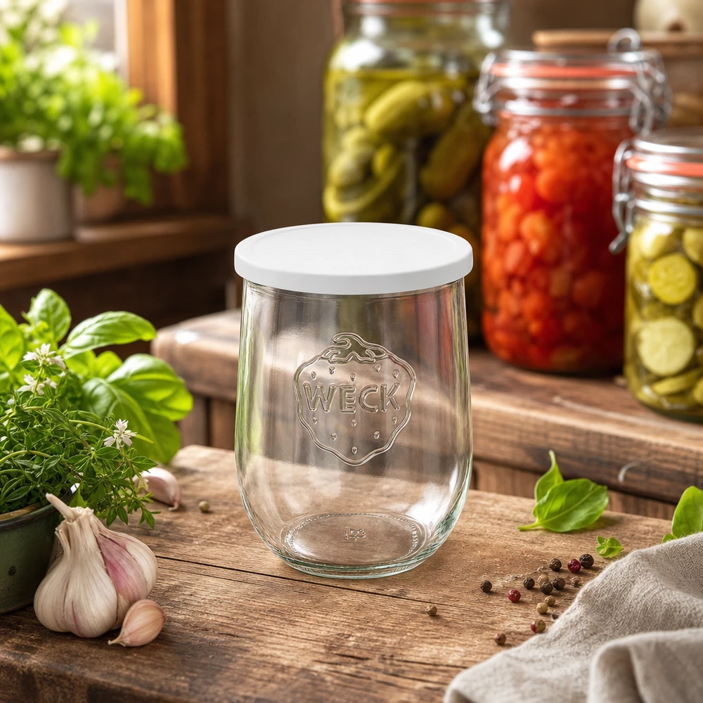 1062 ml tulipankrukke med friskhedslåg WECK RR100 WECK tulipankrukke 1062ml i køkkenet med syltede grøntsager og friske krydderurter arrangeret dekorativt