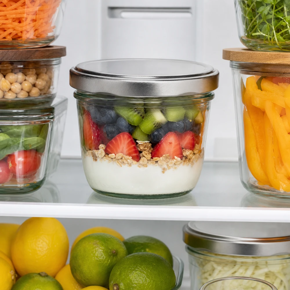 230 ml Briller med BasicSeal-låg sølv UNiTWIST 230 ml glas med sølvfarvet BasicSeal-låg, praktisk i køleskabet med organiseret Meal Prep-opbevaring