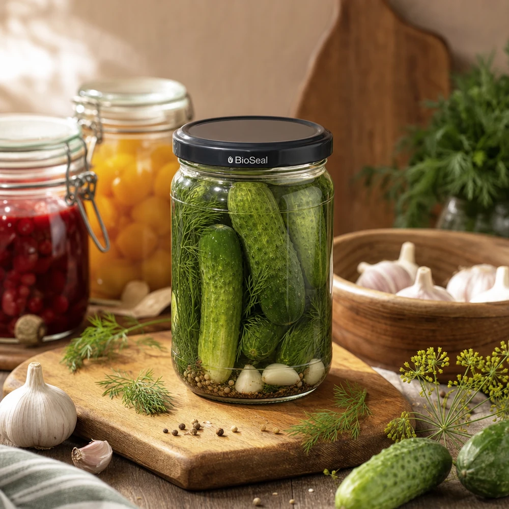 UNiTWIST Runda305 med sort. Dæksel TO63 BioSeal UNiTWIST Runda305 Einmachglas mit eingelegten Gurken und schwarzem BioSeal Deckel inmitten frischer Kräuter und Knoblauc