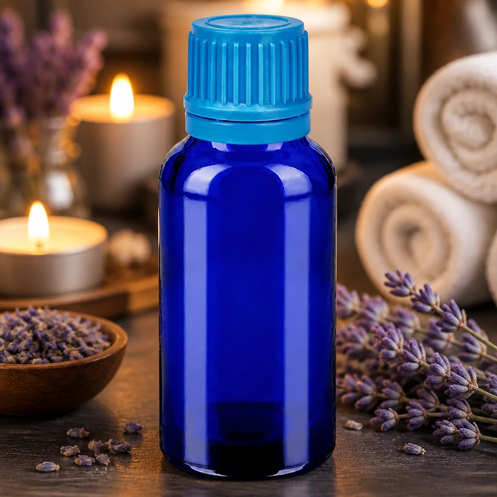 Koboltglasflaske 30 ml af høj kvalitet med UV-beskyttelse til aromaterapi og naturmedicin