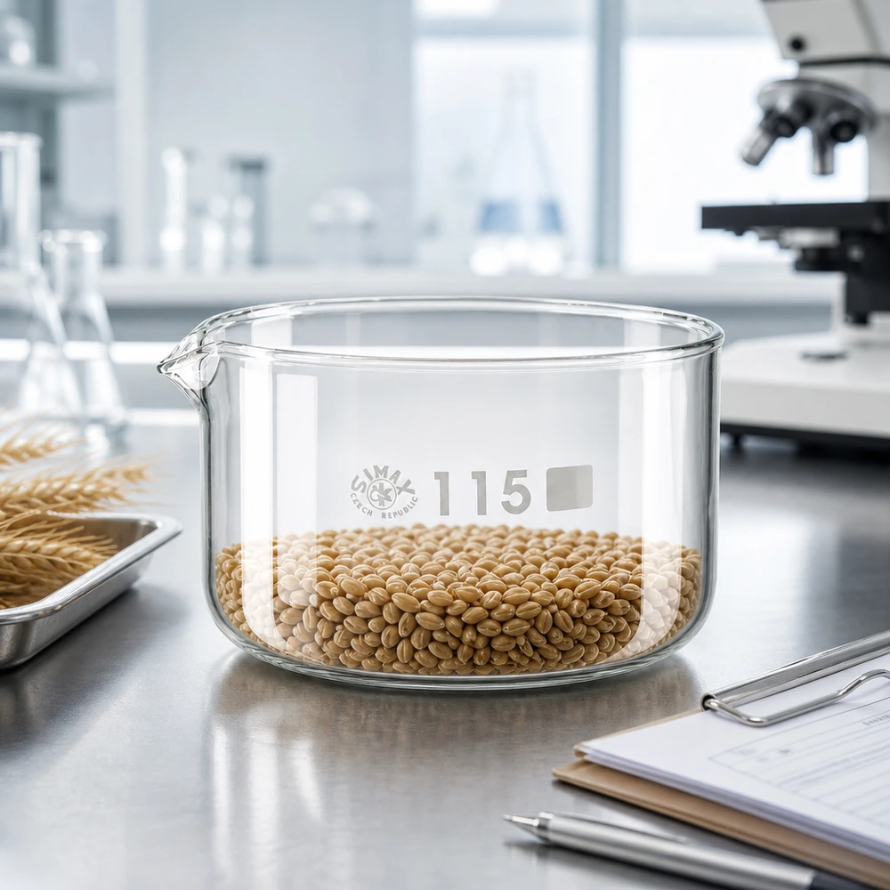 Krystalliseringsskål 500 ml med borosilikat-tud SIMAX-krystalliseringsskål, 500 ml, fyldt med hvedekerner, laboratorieanalyse, borosilikatglas, ø 115 mm