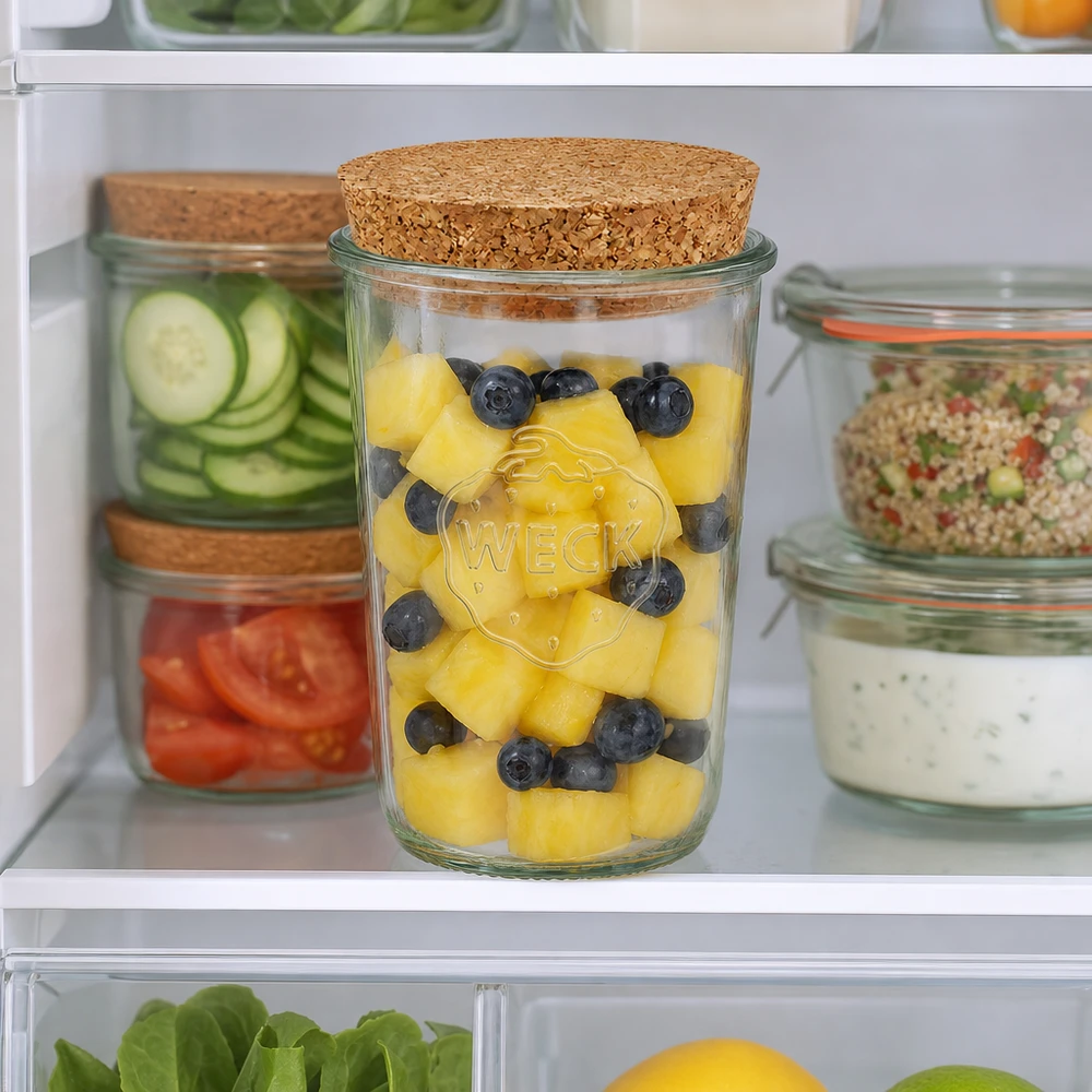 850 ml Briller WECK RR100 med kork natur WECK 850 ml RR100 opbevaringsglas med kork i køleskabet fyldt med ananas og blåbær blandt andre opbevaringsglas