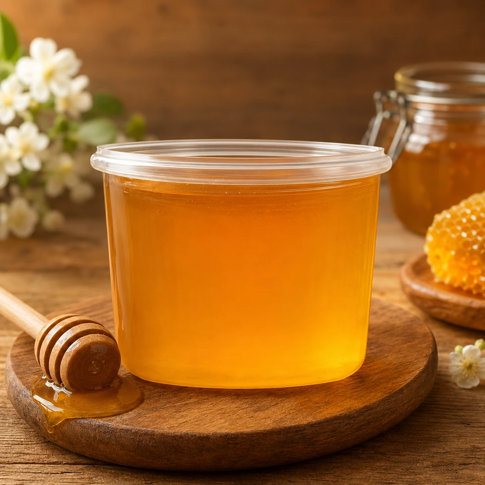 35 ml WECK RR40-glas med skrå kant WECK glaskrukke 35ml RR40 fyldt med honning på en træplade med honningske og honeycomb