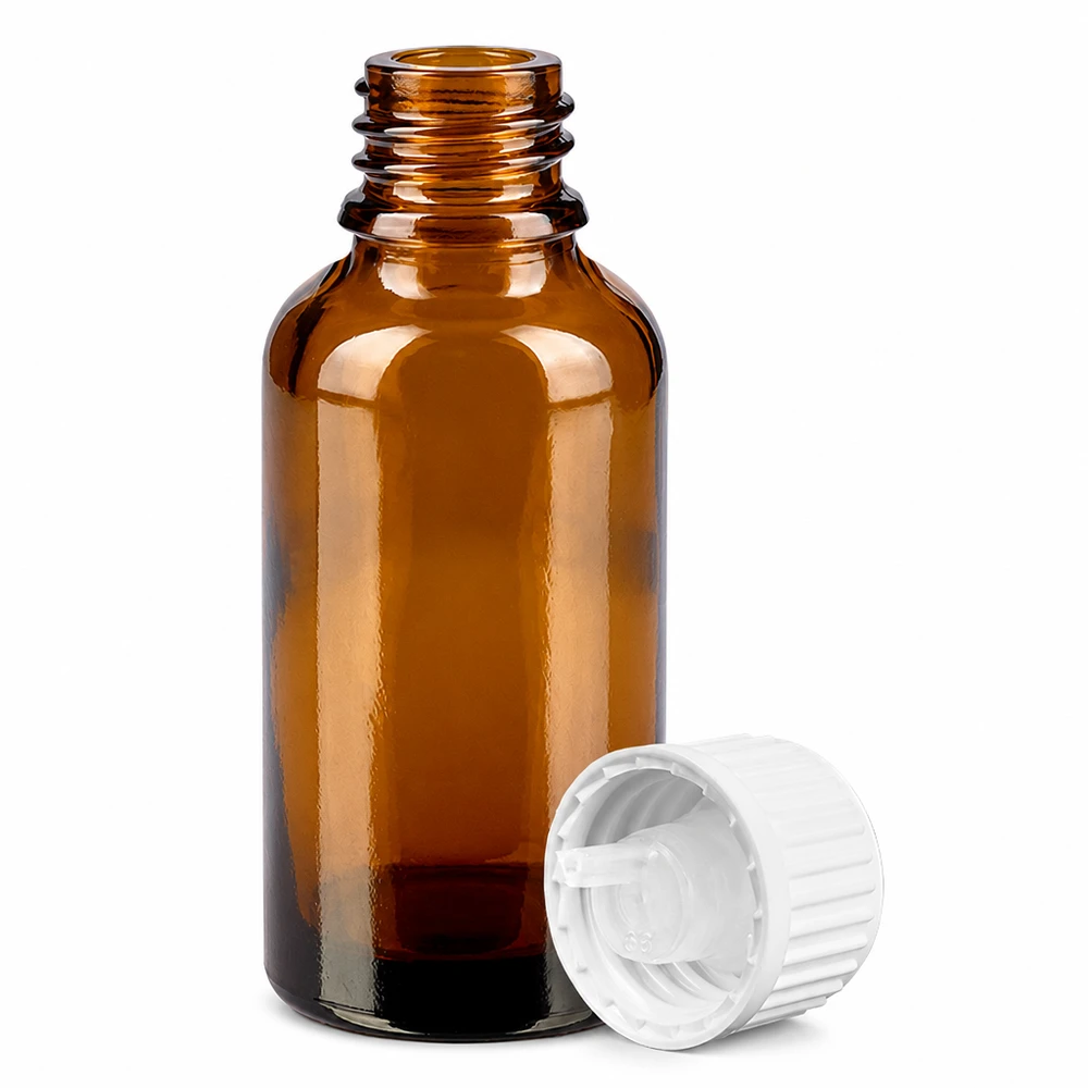 30 ml dråbeflaske 0,9 mm hvid STD BrownLine UT18/30 Ravfarvet 30 ml glasflaske med 0,9 mm dråbetæller til æteriske olier og tinkturer
