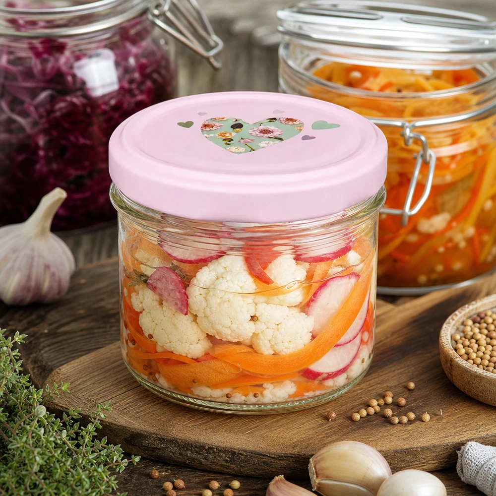 225 ml glas med skrå kant + BasicSeal låg, hjerteformet, rosa UNiTWIST 225 ml glas med lyserødt hjerteformet låg til syltede grøntsager og fermentering sammen med krydderier og krydderurter