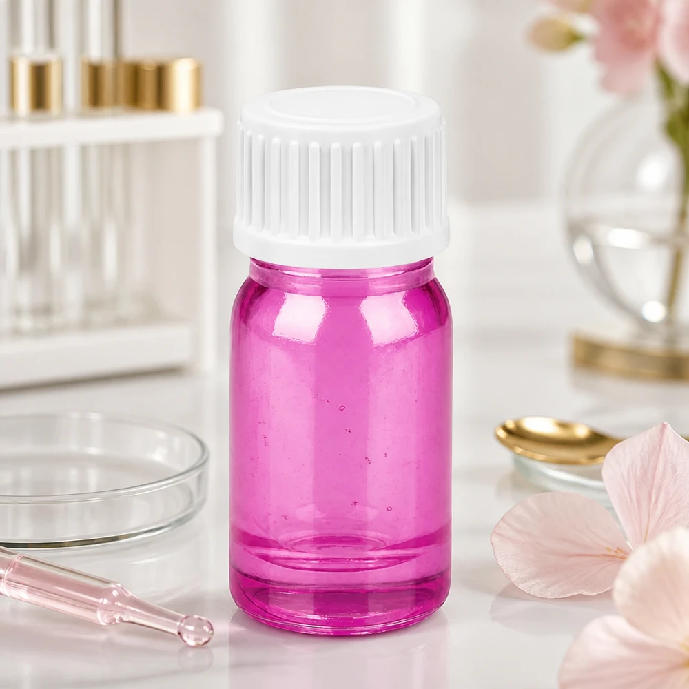 5 ml dråbeflaske 0,9 mm hvid standard PurpleLine UT18/5 5 ml glasflaske transparent lilla med dråbehætte 0,9 mm åbning til serum og olier PurpleLine