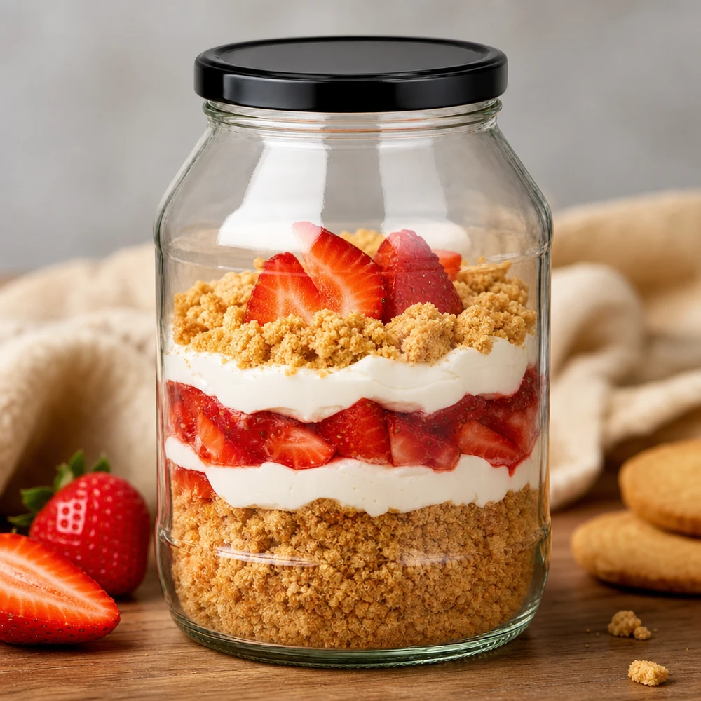 2650 ml rund krukke med BasicSeal-låg sort UNiTWIST 2650ml Rundglas mit schwarzem Deckel als Dessertglas für Erdbeer-Sahne-Schichtdessert mit Kekskrümeln stylisch präsentie