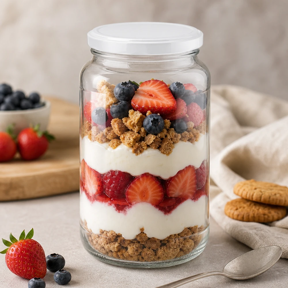1700 ml rund krukke med BasicSeal-låg hvid UNiTWIST 1700 ml rund krukke med BasicSeal-låg som dessertkrukke til bærtrifli fyldt med yoghurt og kiksekrummer