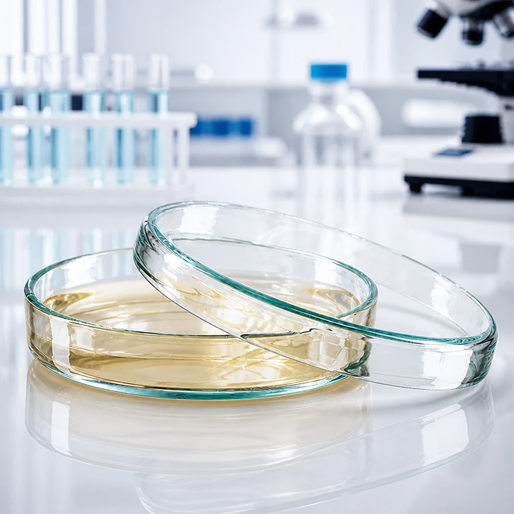 Petriskål 80x15mm glas Gennemsigtig petriskål af glas, 80 x 15 mm, med gullig agarfyldning og aftaget låg i laboratoriet