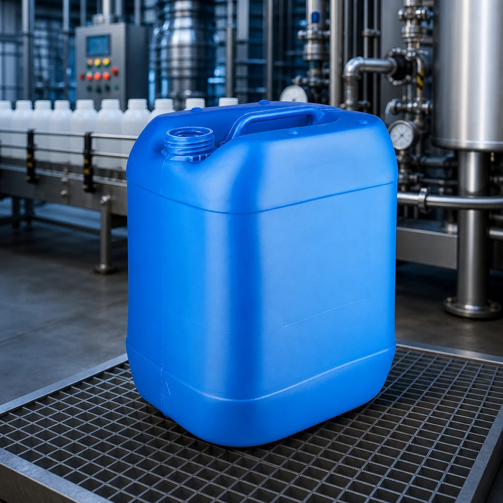 20 liters dunk blå uden låg Stor blå stabelbar dunk på 20 liter med skruelåg og bærehåndtag, uden låg
