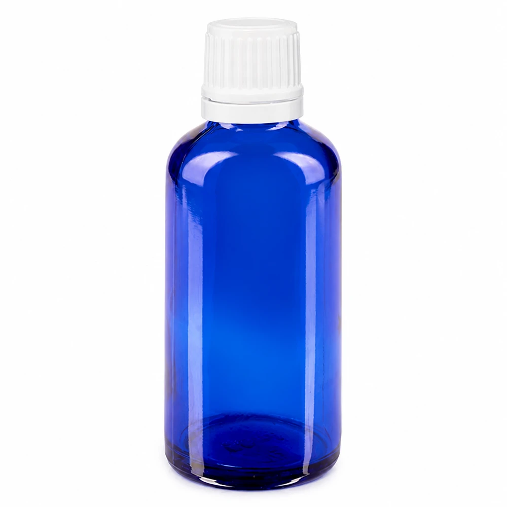 Apoteksflaske blå 50 ml skruelåg hvid OV 50 ml blå apotekerflaske af glas med hvid skruelåg og sikkerhedslåg