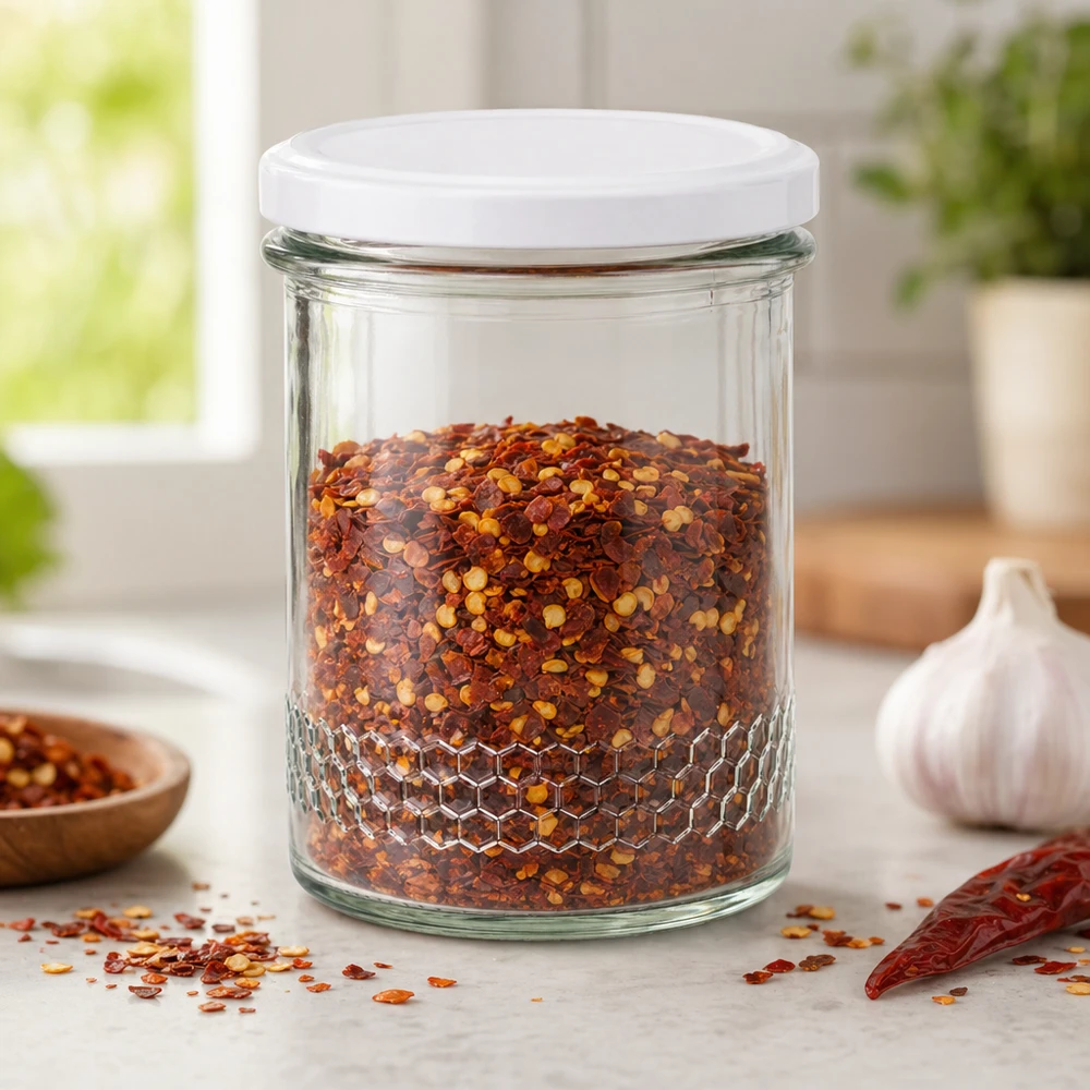 560 g honningglas med hvidt BasicSeal UNiTWIST-låg 400 ml honningkrukke med hvidt låg som krydderikrukke til chiliflager Køkkenopbevaring Honeycomb-mønster på krukkens bund