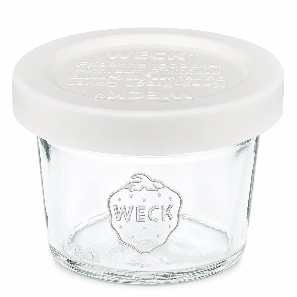 35 ml Briller med friskhedslåg WECK RR40 35 ml WECK RR40 murerbalje med hvidt låg, lille konserveringsglas til syltetøj og smørepålæg