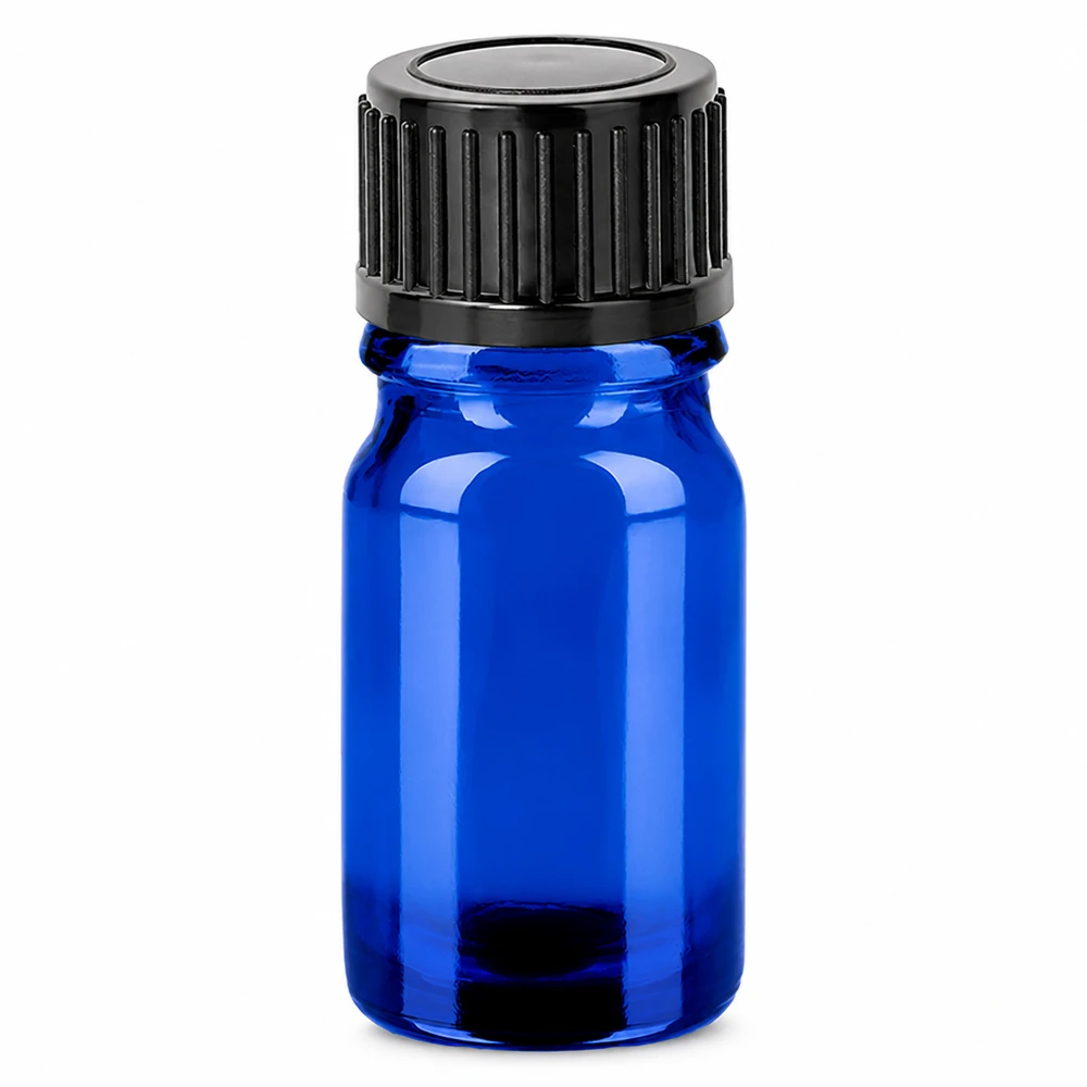 5ml flaske 11mm SV sort STD BlueLine UT18/5 Blå glasflaske 5 ml med sort skruelåg til æteriske olier og kosmetik