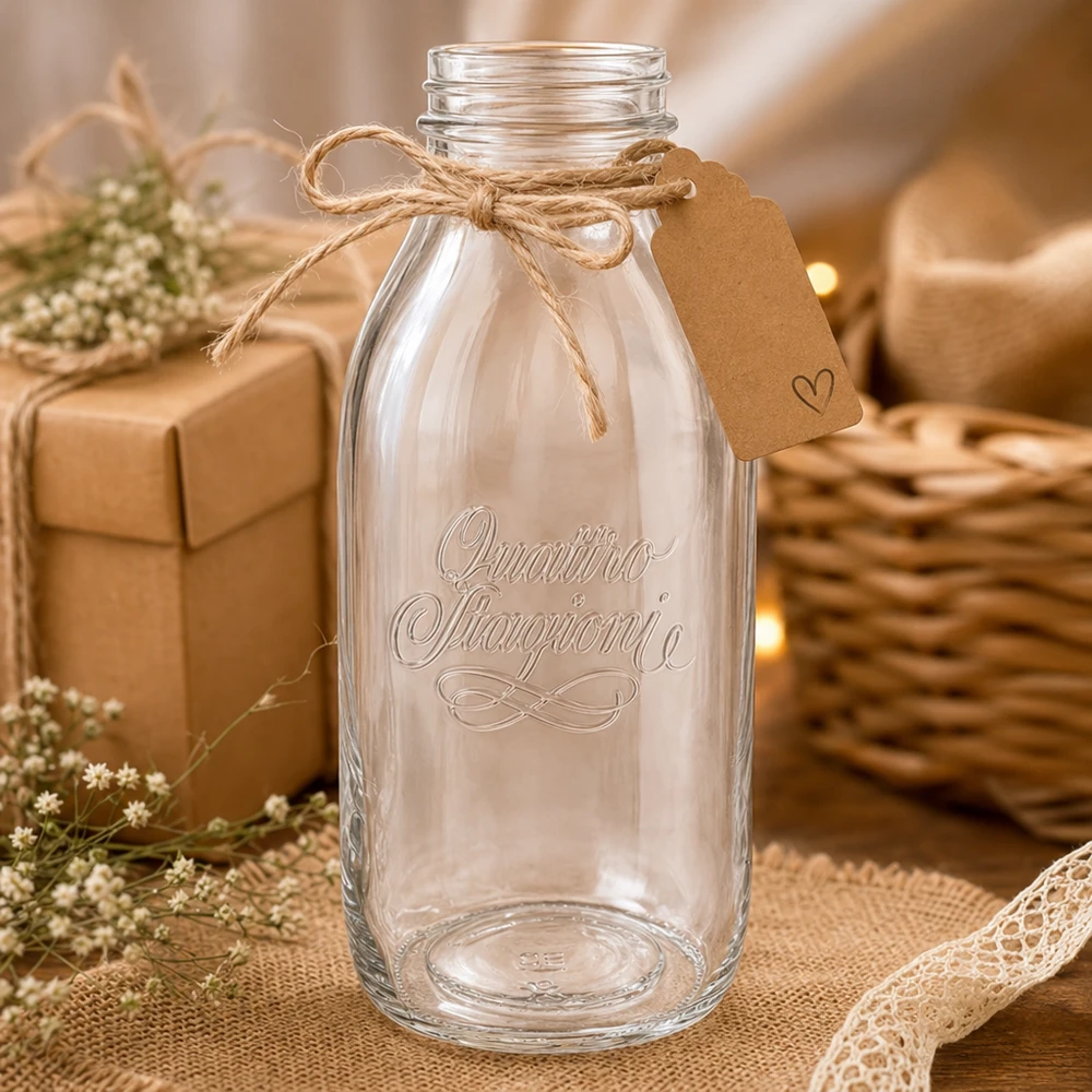 1000 ml flaske med bred hals "Quattro Stagioni" Quattro Stagioni 1000 ml bredhalset glasflaske med korkprop og rustik dekoration på et træbord