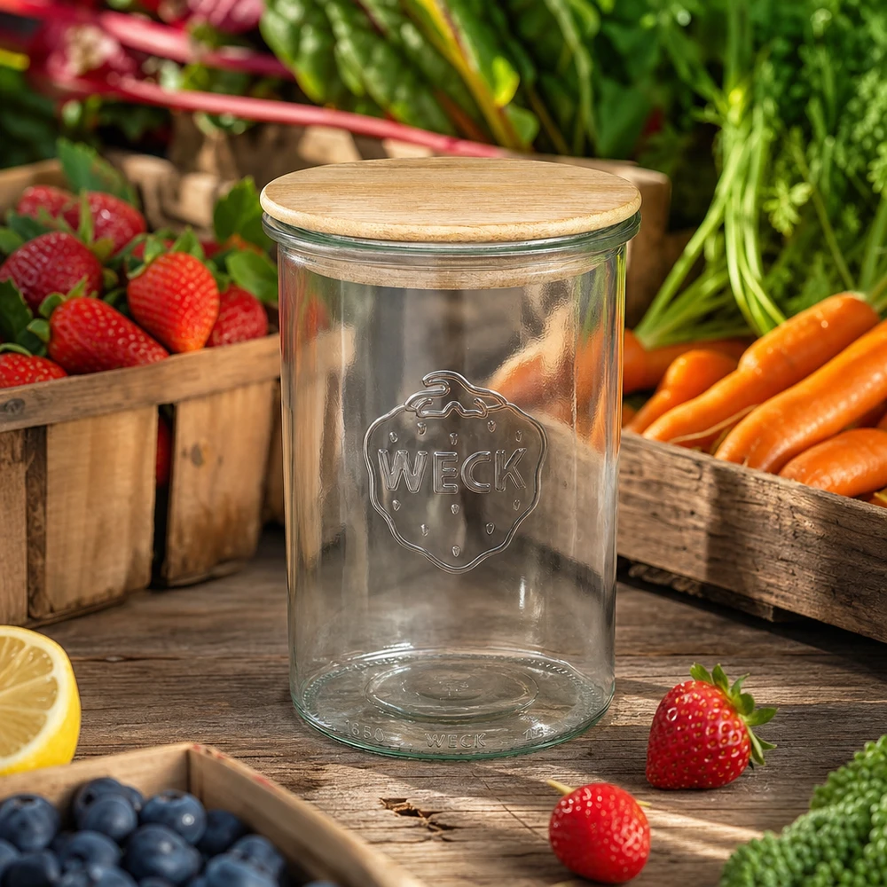 1000 ml Briller WECK RR100 med trælåg WECK drikkeglas 1000 ml RR100 med egetræslåg mellem frisk frugt og grøntsager på et træbord Køkkenstemning