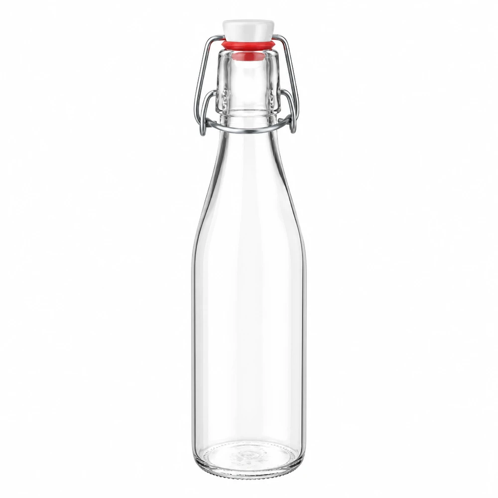 250 ml glasflaske og hængelåg i PVC UNiTWIST 250 ml glasflaske med svingtop og hvid kork, gennemsigtigt glas, PVC UNiTWIST-system til drikkevarer