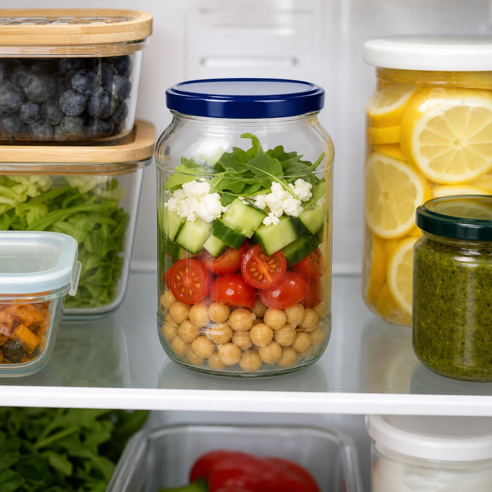 1062 ml rund krukke + BasicSeal-låg blå UNiTWIST 1062ml rund krukke UNiTWIST blåt låg lagdelt salat kikærter tomater agurk feta køleskab måltid prep krukke