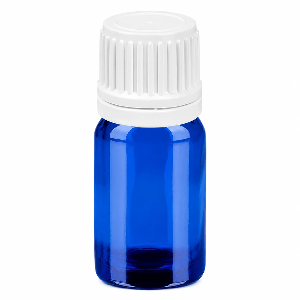 5 ml flaske 11 mm SV hvid OV BlueLine UT18/5 5 ml glasflaske blå med hvidt skruelåg til æteriske olier og kosmetik