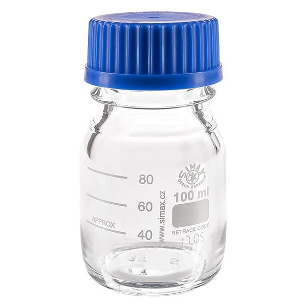 Laboratorieflaske med gevind 100 ml med hætte, borosilikat Laboratorieflaske med gevind 100 ml med hætte, borosilikat