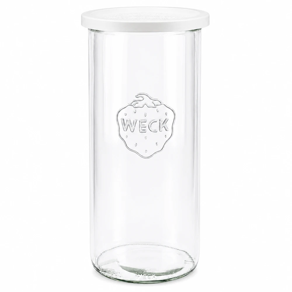 1500 ml Briller med friskhedslåg WECK RR100 WECK konserveringsglas 1500 ml RR100 transparent med hvidt låg, der er fotograferet på forsiden og viser indgraveret brandlogo