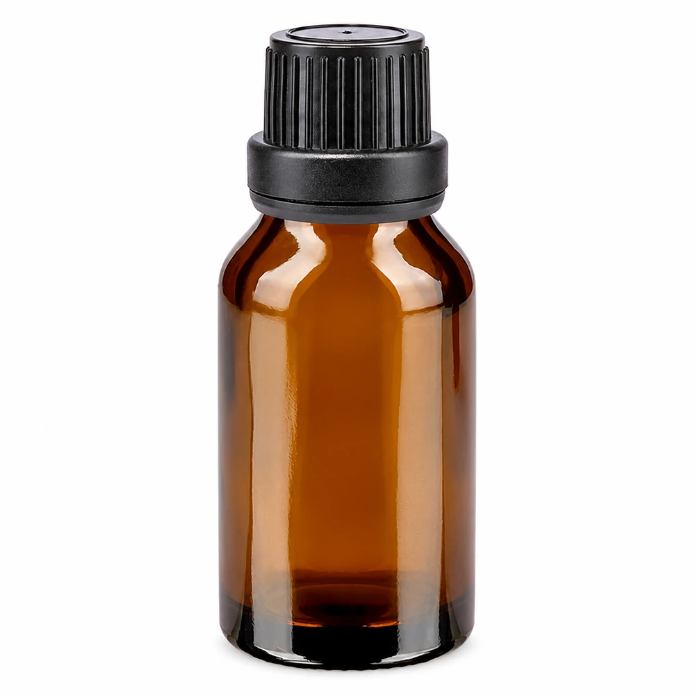 Brun apotekerflaske på 15 ml med sort originalprop og pakning af brunt glas