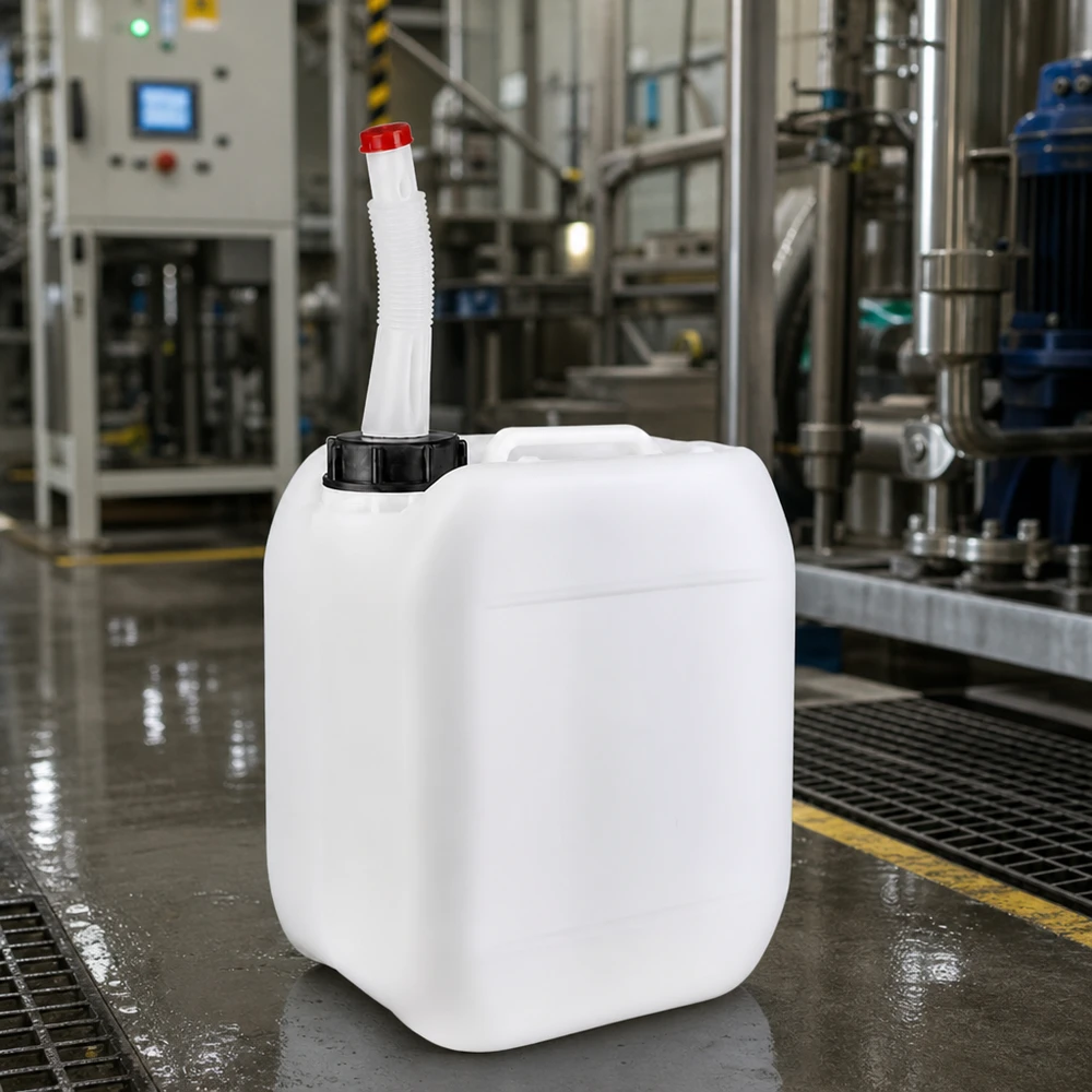 5 liters beholder med Flex-udløbsrør 5-liters industrikanister med fleksibelt udløbsrør på et vådt gulv i en produktionshal
