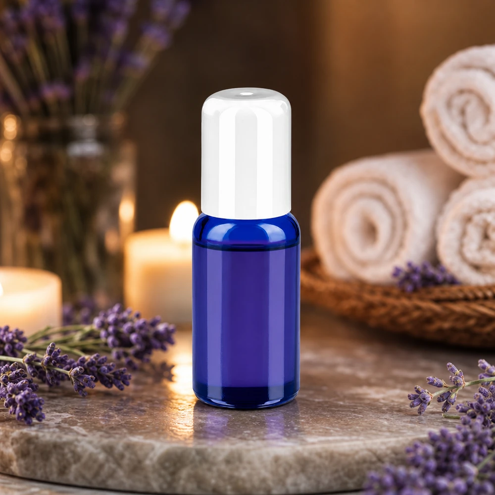 Lille 20 ml roll-on-flaske i et elegant blåt og hvidt design til præcis påføring