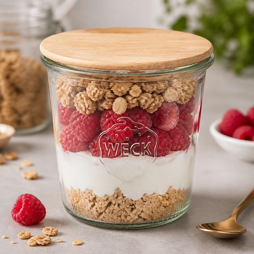 290 ml høje Briller WECK RR80 med trælåg WECK-bægre 290 ml RR80 med trælåg som dessertglas med yoghurt, hindbær og müsli i køkkenet