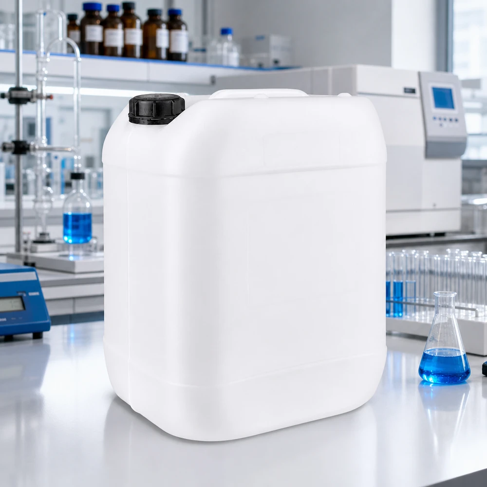 Rektangulær 20-liters HDPE-kanister med sort OV-lukning i et moderne laboratorium