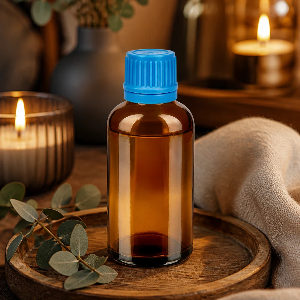 50 ml flaske 11 mm SV blå OV BrownLine UT18/50 50 ml glasflaske med blå hætte, ideel til aromaterapi og wellness.