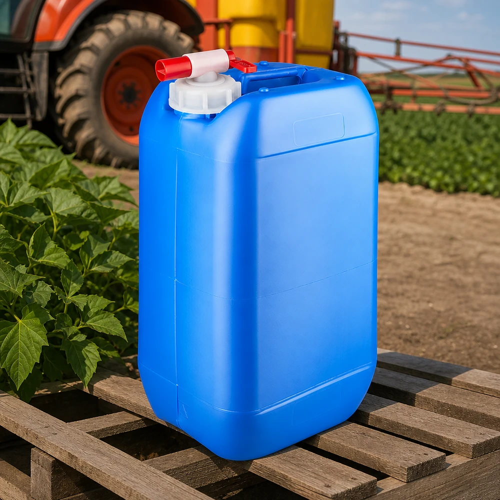 Blå plastdunk på 15 liter med udløbshane på en træpalle foran en traktor og en mark