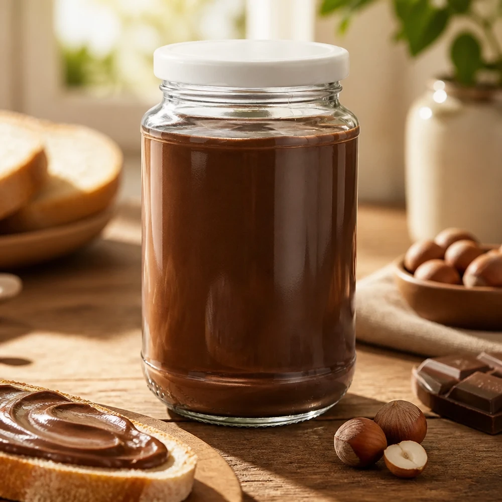 320 ml UNiTWIST rundt glas med hvidt BasicSeal-låg fyldt med hasselnødde-chokoladecreme på et træbord