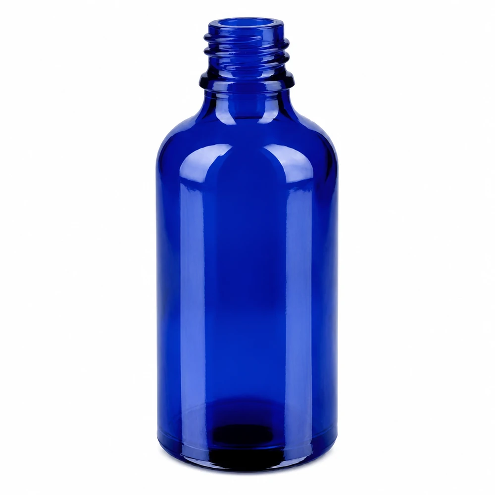 50 ml glasflaske i koboltblå med gevindhals til præcis dosering af kosmetiske produkter