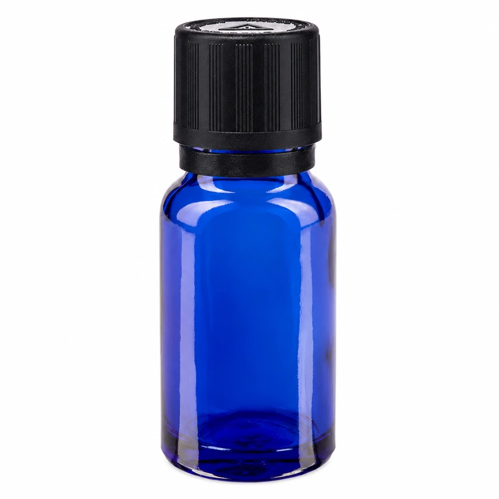 Apotfl. blå 10ml dryp v. Pr. 1mm s. KiSi Bliw OV 10 ml blå apotekerflaske af glas med sort børnesikret låg og dråbeindsats på 1 mm