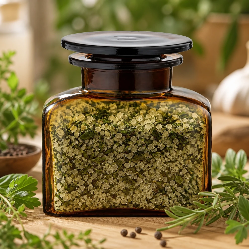 Idé til krydderiglas: Firkantet apotekerflaske 150 ml med bred hals Urtesalt i apotekerflaske af brunt glas, 150 ml, bredhalset med sort glasprop