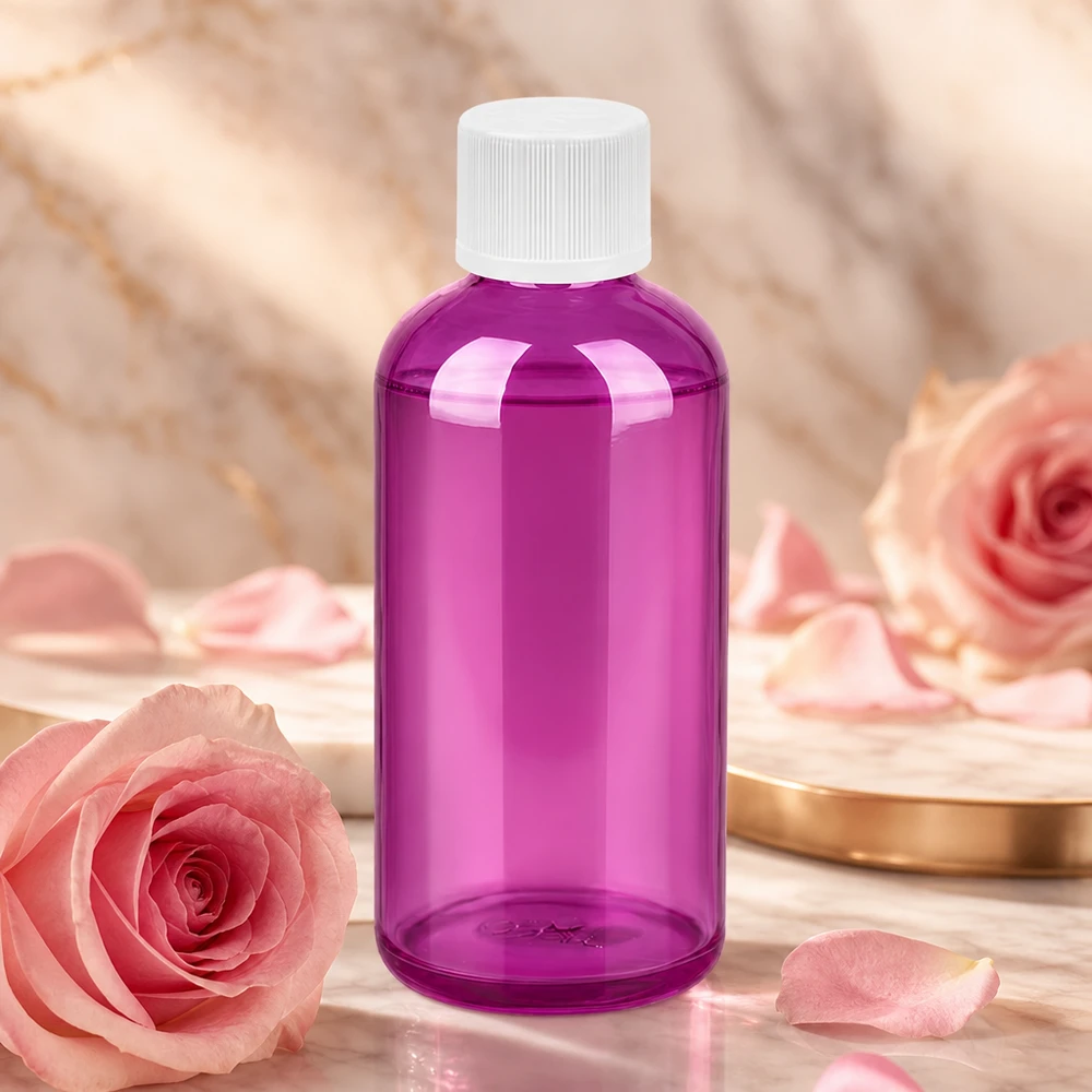 100 ml flaske 11 mm skruelåg hvid standard børnesikret PurpleLine. UT18/100 100 ml violet-transparent flaske med 11 mm skruelåg, ideel til aromaterapi og æteriske olier