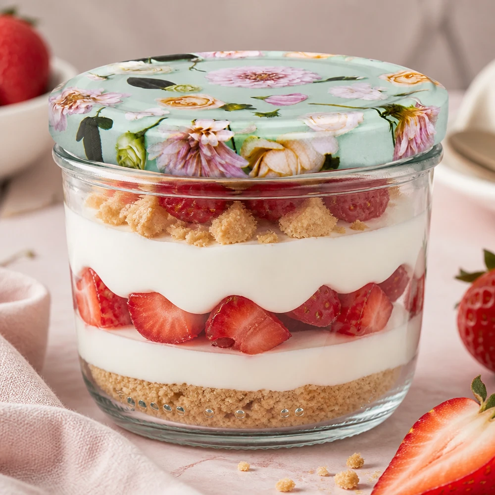 230 ml væltet glas + BasicSeal låg Blume mint UNiTWIST Sturzglas 230ml mit BasicSeal Deckel Blume mint als stylische Dessertschale für Tiramisu mit Erdbeeren verwendet