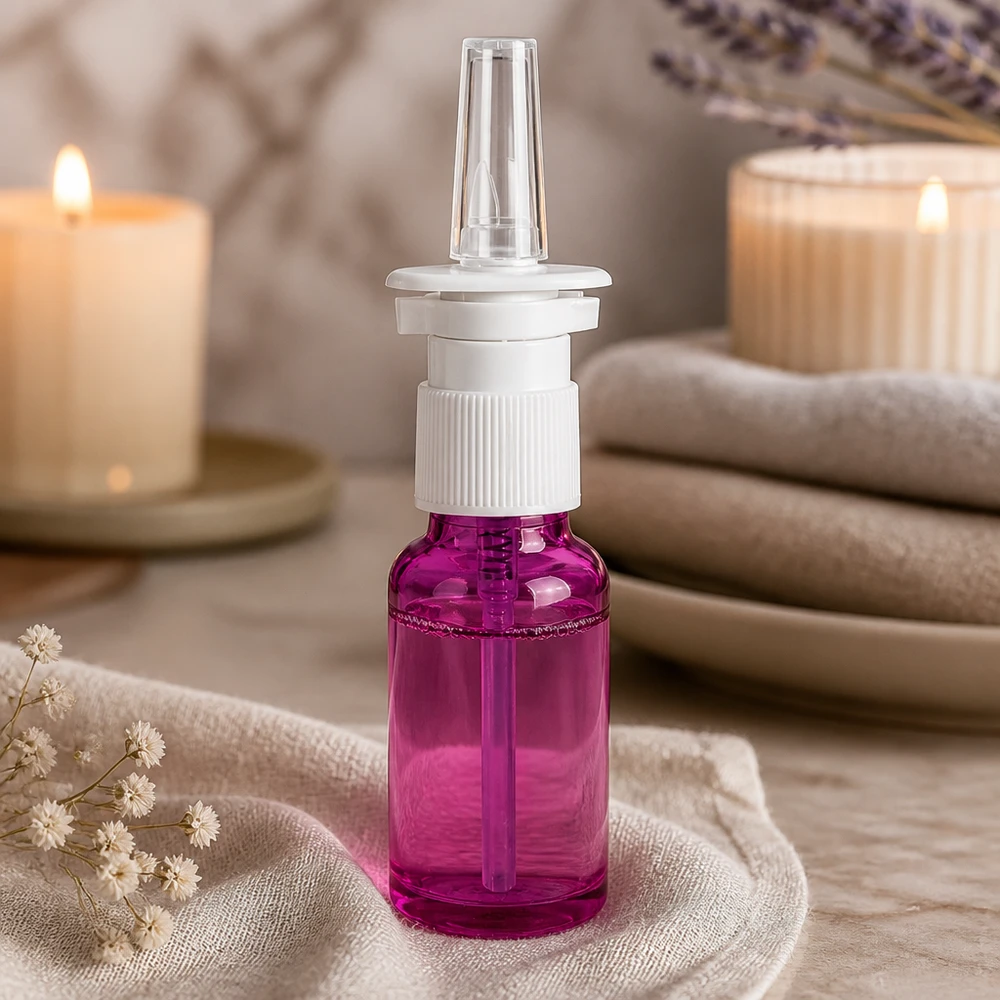 20 ml næsesprayflaske hvid/transparent standard PurpleLine. UT18/20 20 ml næsesprayflaske med hvidt skruelåg og gennemsigtigt sprayrør i lilla
