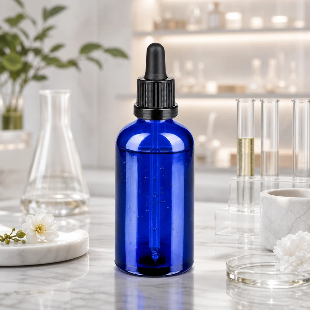 Elegant blå glasflaske 100 ml med ergonomisk pipette for nem håndtering
