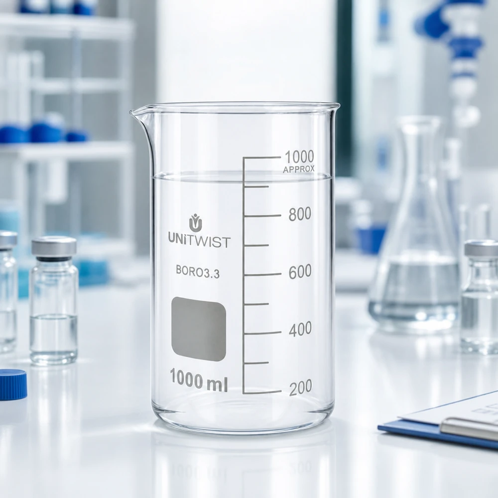 Bæger 1000 ml borosilikat, høj form UNITWIST UNITWIST bægerglas 1000 ml, høj model, borosilikat 3.3, gennemsigtigt, tomt, på et hvidt laboratoriebord