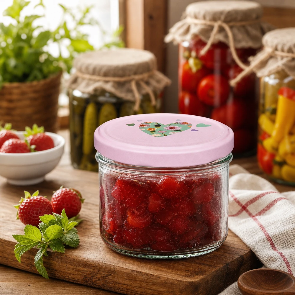 230 ml cylinderformet krukke + BasicSeal-låg, hjerterosa 230 ml cylinderglas med lyserødt hjertelåg fyldt med jordbærmarmelade på træplade i rustikt køkken