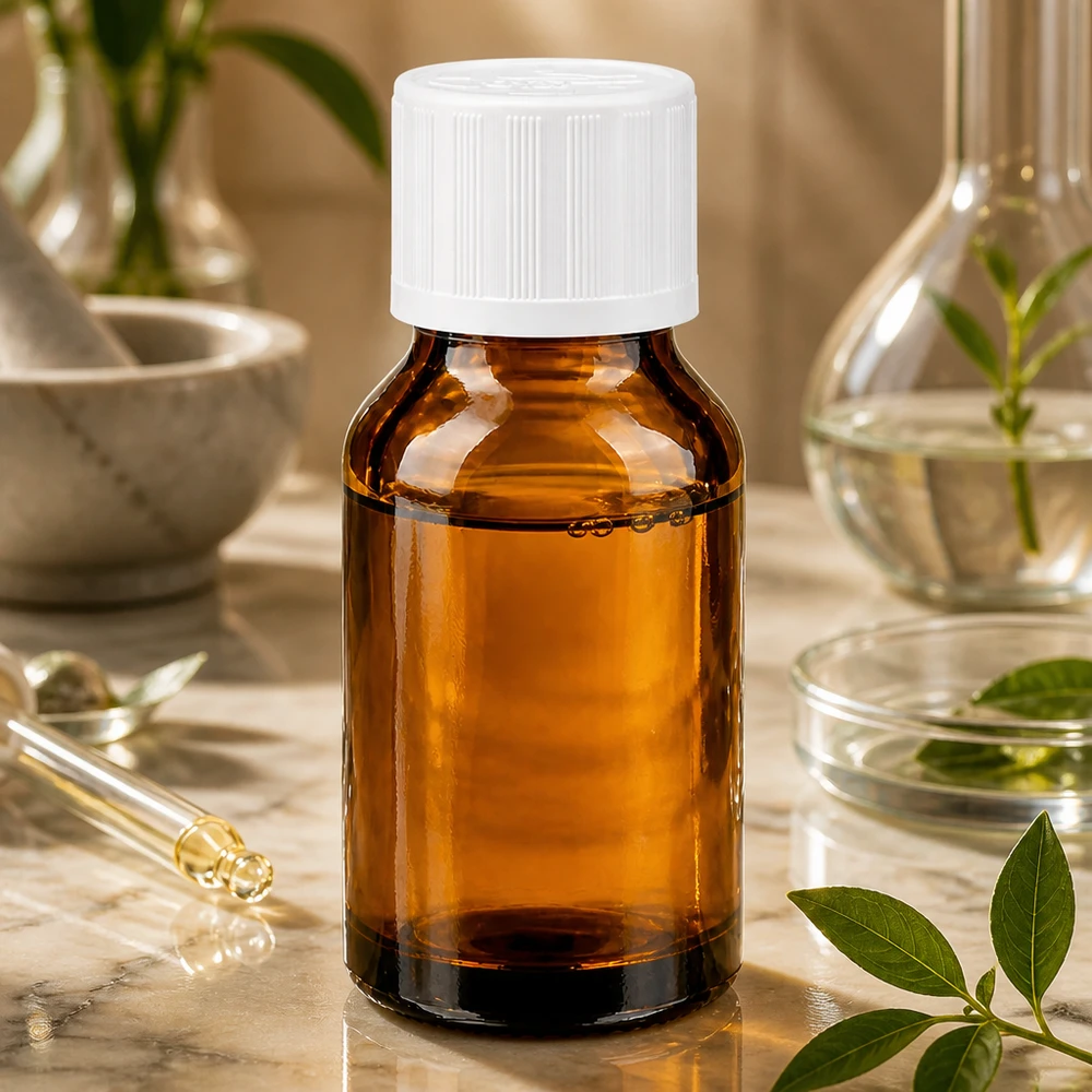 Apoteksflaske brun 30ml skruelåg hvid KiSi St Lille brun apotekerflaske på 30 ml med hvid skruelåg på en marmorplade med planter