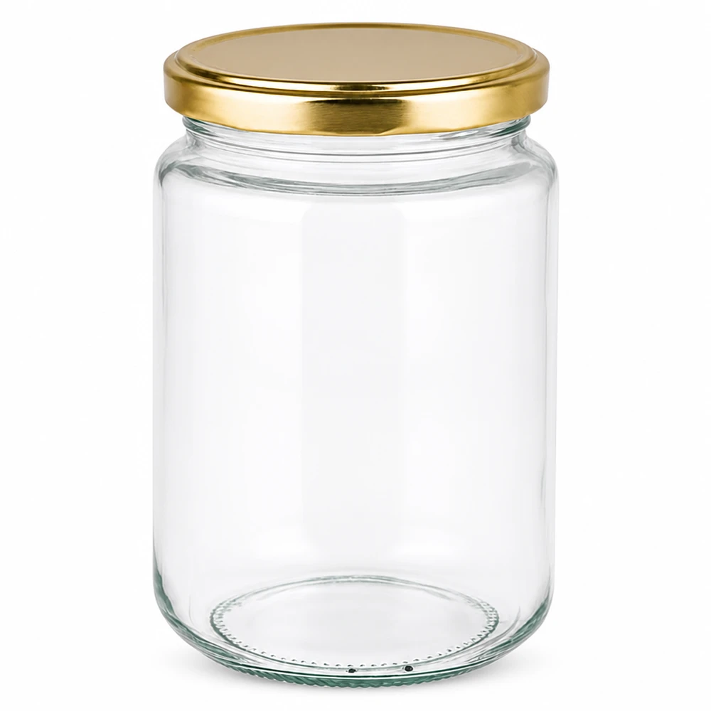 382 ml rund krukke med BasicSeal-låg guld UNiTWIST Elegantes 382ml Rundglas mit goldenem Twist-off Deckel für Marmelade Honig und Konserven von Glas-Fabrik.de