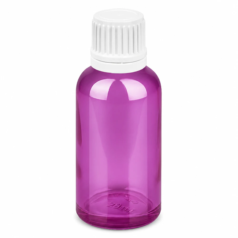 30 ml dråbeflaske 0,7 mm hvid Originality skruelåg PurpleLine UT18/30 30 ml dråbeflaske violet med hvid hætte 0,7 mm åbning til præcis dosering