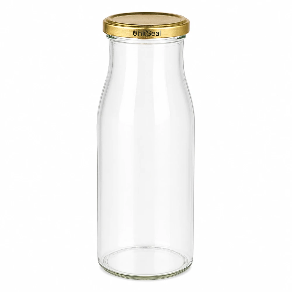 UNiTWIST Bottle150 med guld. Låg TO43 BioSeal UNiTWIST-glasflaske 150 ml med gyldent TO43 BioSeal-låg, gennemsigtigt skruelåg af glas