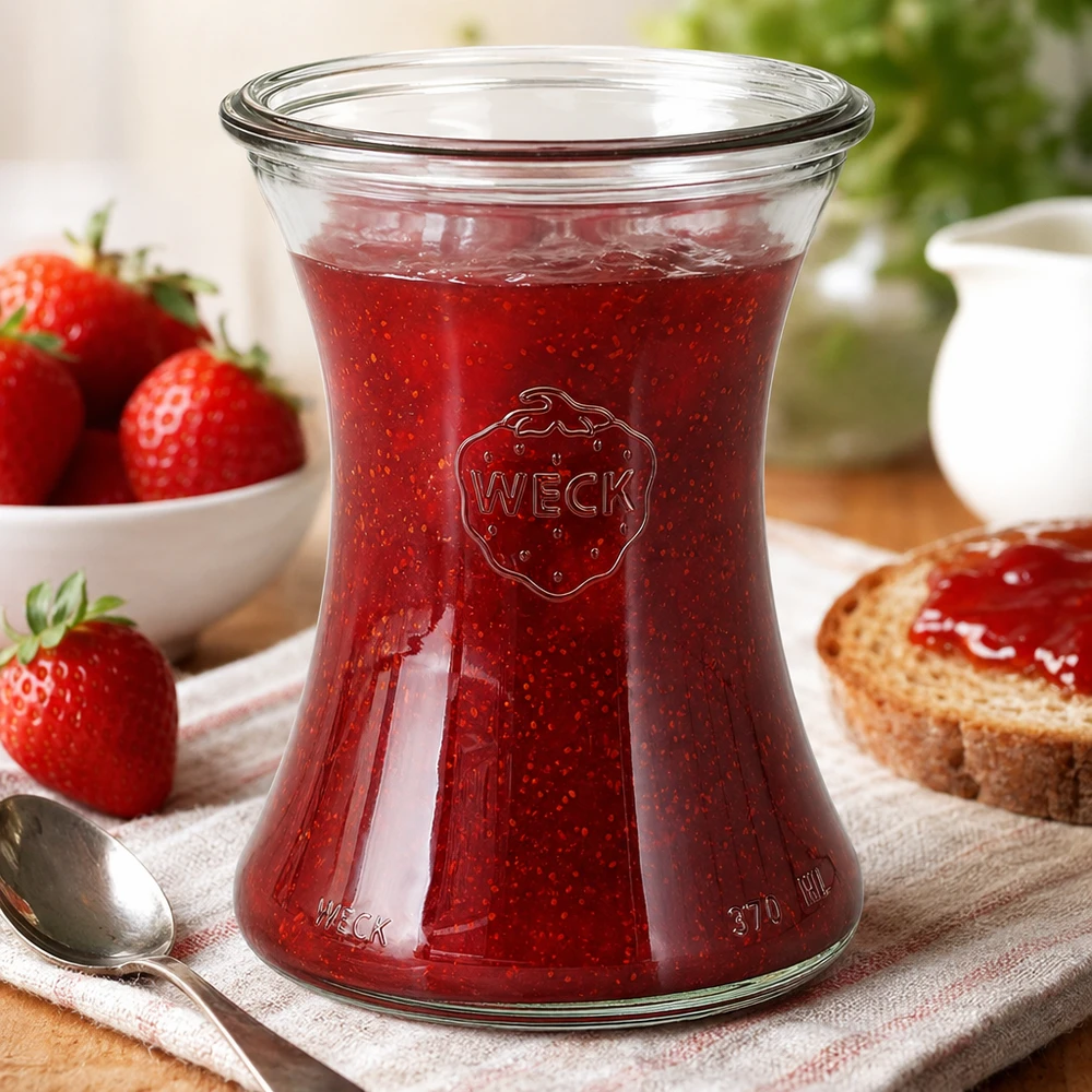 370 ml delikatesseglas WECK RR80 WECK delikatesseglas 370 ml RR80 fyldt med rød jordbærmarmelade i en hyggelig morgenmadsservering med toast.