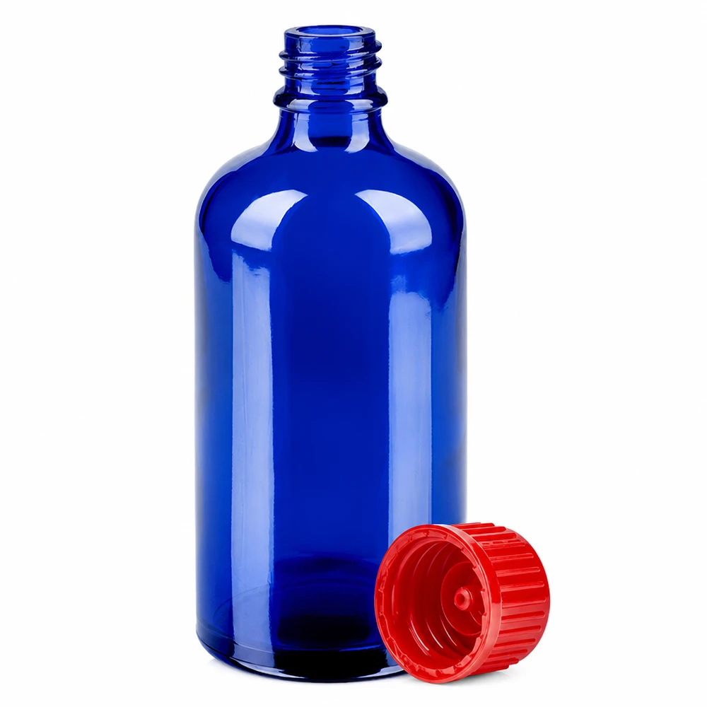 100 ml BlueLine glasflaske koboltblå med 11 mm standardgevind og rød hætte UT18/100