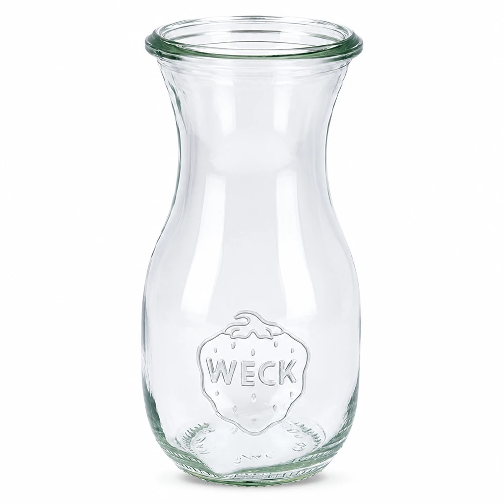 290 ml saftflaske WECK RR60 290 ml WECK RR60 juiceflaske af klart glas med præget logo og bred åbning til juice og drikkevarer