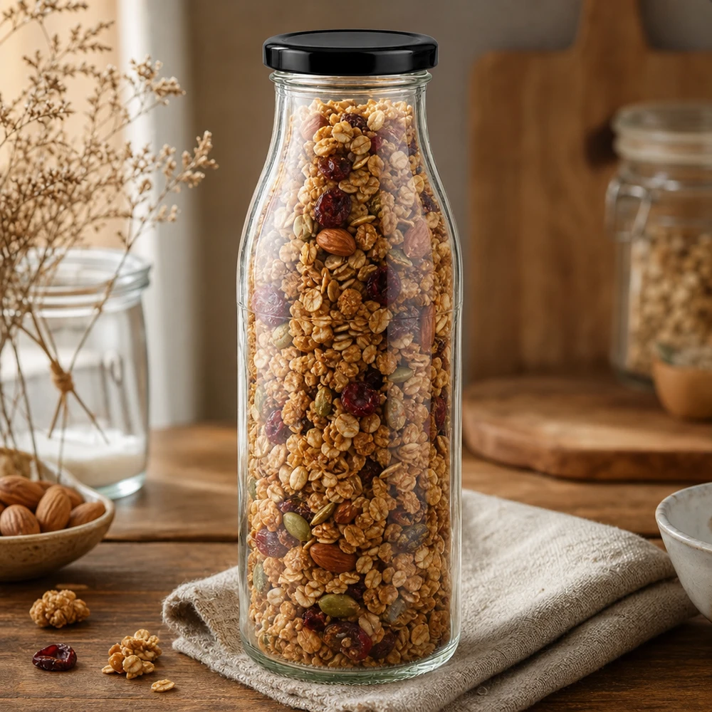 500 ml glasflaske + BasicSeal-låg sort UNiTWIST. Absolut lækagesikker med stort TO48-låg. Til mælk, juice og limonade. 500ml Glasflasche mit schwarzem Deckel gefüllt mit Müsli und Nüssen auf Holztisch rustikale Küchendeko